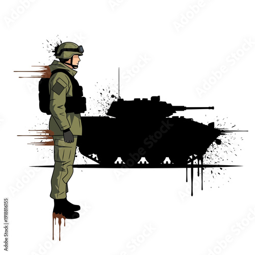 Soldier and tank silhouette, abstract military illustration