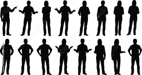 Human silhouettes, standing poses, gesture collection, body language, posture variation, character design, animation reference, gesture recognition, professional illustration, flat vector design