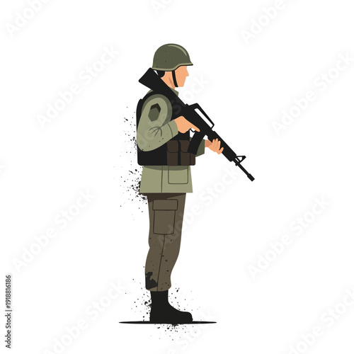 Soldier holding rifle, side profile, military uniform, helmet, tactical gear