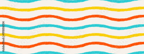 Rainbow playful baby wavy pattern with crayon and chalk texture. Seamless hand drawn bg with waves.