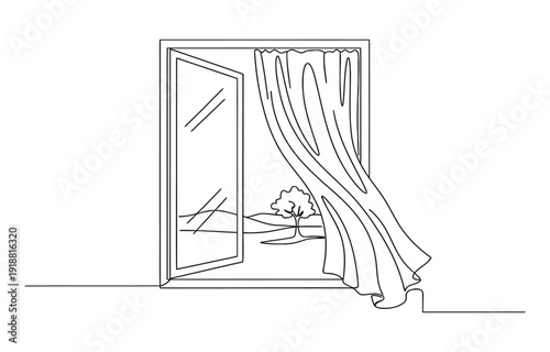  open window with a gentle breeze one line art vector.