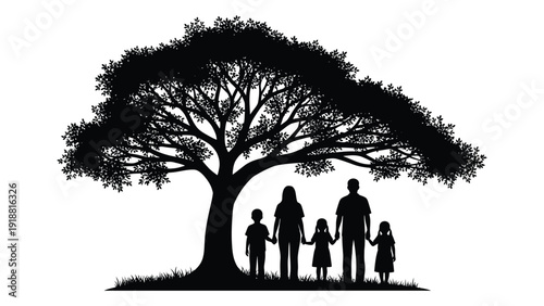A family of four standing under the shade of a large tree on a sunny day isolated on white background, Vector