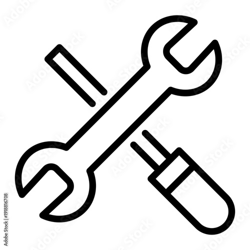 Line icon of a gear and a wrench representing technical maintenance and troubleshooting services