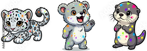 Cute Cartoon Animals with Colorful Paint Splatters