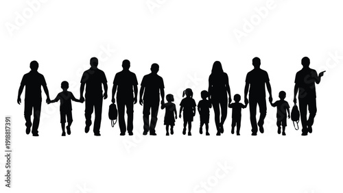 Silhouettes of diverse family members walking together in a line isolated on white background, Vector