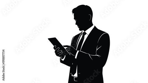 Silhouette of a focused businessman in a suit interacting with a digital tablet device against a stark white background illustration