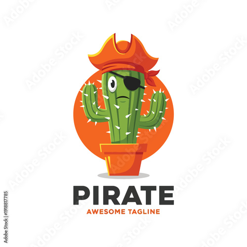 Whimsical Pirate Cactus Character Illustration in Pot with Eyepatch and Hat