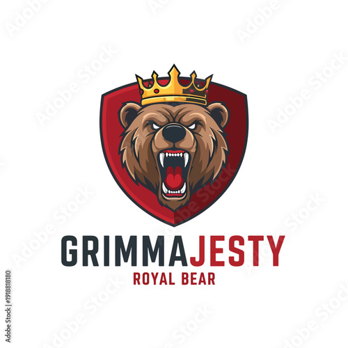 Intense Royal Bear Emblem: Ferocious Animal Head Illustration Roaring with a Crown.