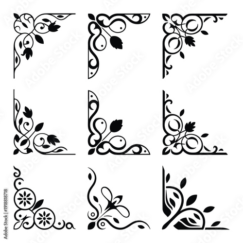 Ornate black and white floral corner designs with intricate patterns and swirls isolated on white background, Vector