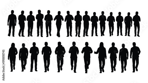 A diverse group of people walking in a line, showcasing various styles and outfits isolated on white background, Vector