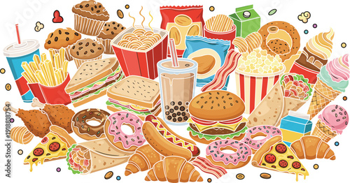 Colorful Fast Food and Snack Illustration Featuring Burgers, Pizza, Fries, Donuts, Ice Cream, Drinks, and Diverse Indulgent Treats