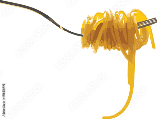 Stylized Illustration of Fork Twirling Spaghetti Noodles in Yellow and Brown Tones, Representing Dining, Cooking, and Italian Cuisine