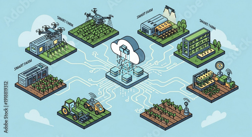Smart farming technology concept with various sustainable agricultural systems connected to a central cloud server for efficient data management and automation