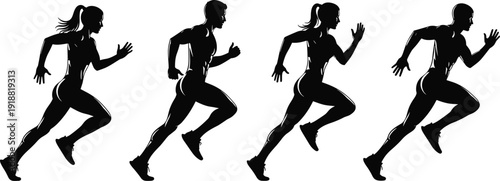 Running athlete silhouette illustration set, male and female figures in dynamic motion poses, sports and fitness artwork, flat vector illustration