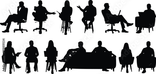 Seated people silhouette illustration set, diverse postures with laptops, tablets, and chairs, workplace and lifestyle artwork, flat vector illustration