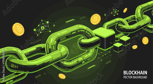 Blockchain technology concept with green chain and bitcoin