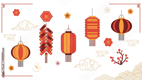 Traditional Chinese New Year cultural symbols including red lanterns, firecrackers, and plum blossoms for celebration.