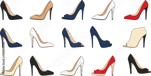   
High heel shoes collection, fashion footwear, elegant design, stylish pumps, stiletto heels, women’s fashion, retail catalog, footwear variety, flat vector illustration