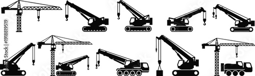 Construction crane silhouette illustration set, tower, mobile, crawler, and truck-mounted lifting machinery, industrial equipment artwork, flat vector illustration