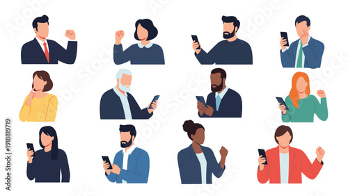Diverse group of people in various business and casual attire using smartphones and reacting to digital content online.