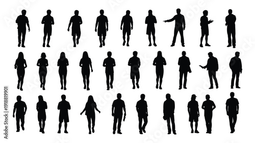 Silhouettes of people in various poses and outfits against a white background isolated on white background, Vector