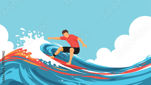 Athletic surfer riding a large powerful and colorful ocean wave with splashing water under a bright blue sky.