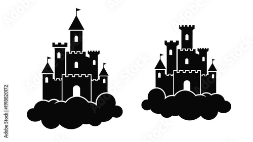 Two fairytale castles float on clouds a striking silhouette