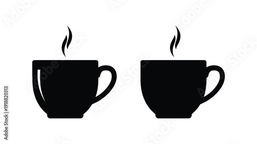 Two black coffee cups with rising steam a stark silhouette