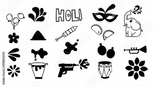 Illustration of Holi festival elements, masks, drums, flowers, and water guns, symbolizing celebration and joy, viewed from a straightforward perspective.