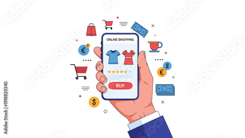 Close up of a hand holding a smartphone showing an online shopping application with various products and buy buttons.
