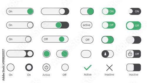 Extensive collection of user interface toggle switches, checkmarks, and icons in green and grey for digital design.