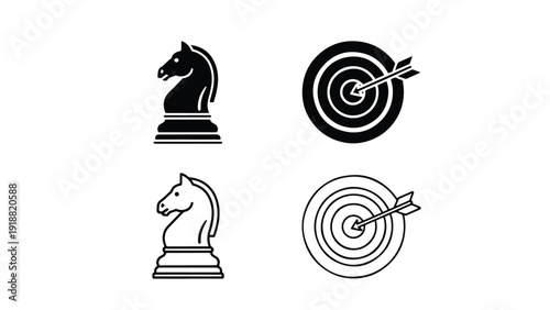 Chess horse duel target flat design vector illustration - Line and glyph icon set - Stickers and Clipart - PNG and SVG Icon collection - Lineal icons - Editable icon