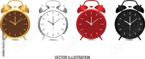 Retro Alarm Clock Vector Illustration Set with Classic Ringing Clocks in Gold, Silver, Red and Black Colors for Time Management Design