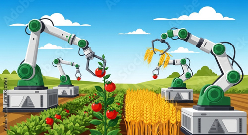 Robotic arms harvesting tomatoes and wheat in a futuristic farm field with blue sky and clouds