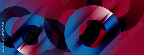 Abstract composition featuring overlapping circles. Red, blue hues create dynamic visual effect. Modern design, geometric shapes dominate.