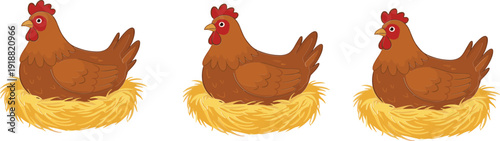 Hen sitting on nest collection with farm chicken bird cartoon vector illustration isolated design set