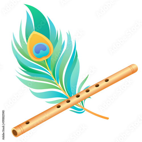 Lord Krishna bansuri flute with peacock feather, sacred Hindu symbol vector illustration