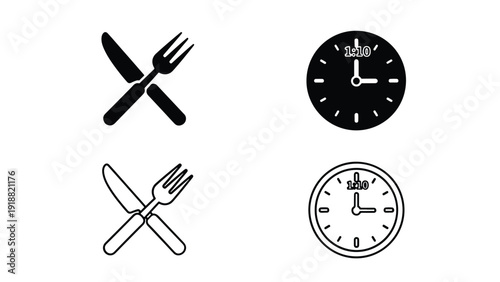 Fork knife clock dinner time flat design vector illustration - Line and glyph icon set - Stickers and Clipart - PNG and SVG Icon collection - Lineal icons - Editable icon
