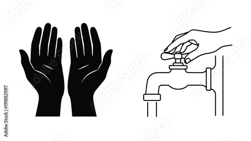 Handwashing instructions with faucet and hands a black silhouette