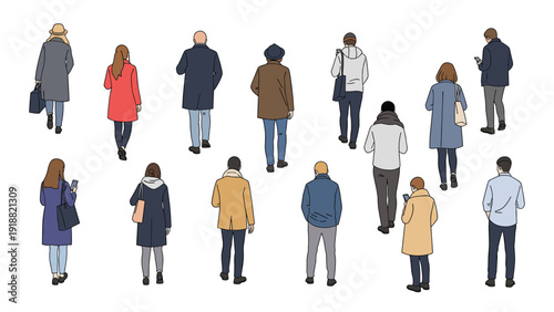 Diverse group of people in winter coats and casual clothes walking away from the camera on a plain white background for design projects.