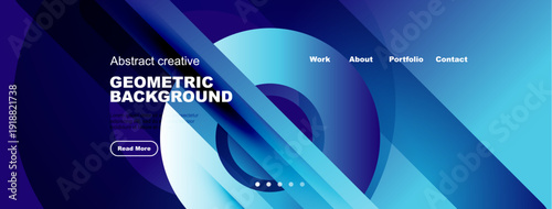 Abstract website header design. Blue gradients, geometric shapes, text elements present. Navigation links visible, modern aesthetic.