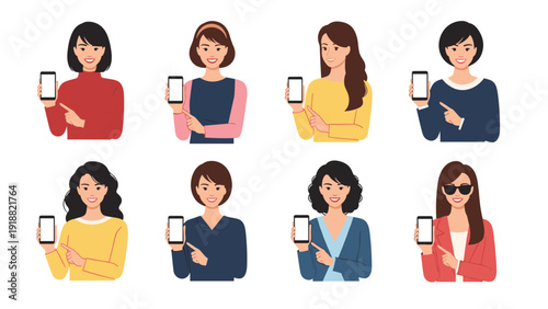 Group of eight diverse smiling women holding up and pointing at their smartphone screens with blank displays on a white background.