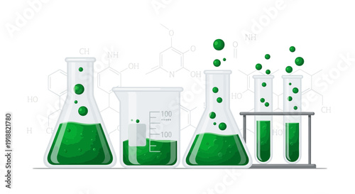 chemistry lab equipment with green liquid