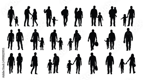 Diverse silhouettes of people in various poses and activities isolated on white background, Vector