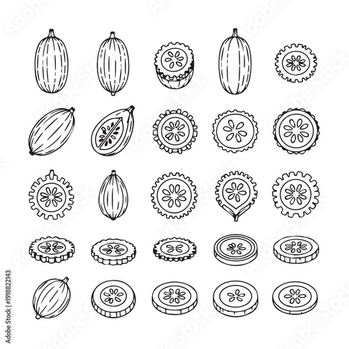 Hand Drawn Cucumber Slices and Whole Vegetables Vector Icons Set