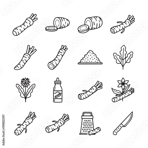 Horseradish root ingredients and preparation icons simple line art