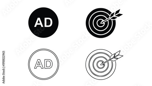 Ad target icons set flat design vector illustration - Line and glyph icon set - Stickers and Clipart - PNG and SVG Icon collection - Lineal icons - Editable icon
