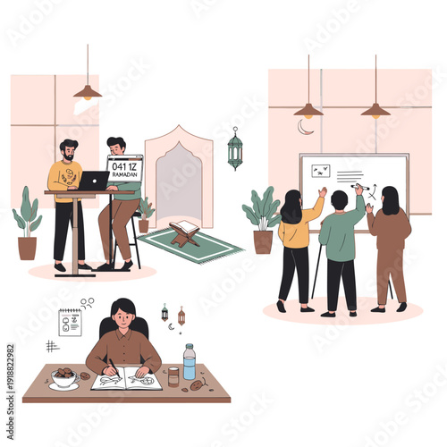 Diverse group of people collaborating and working together in a modern office space.