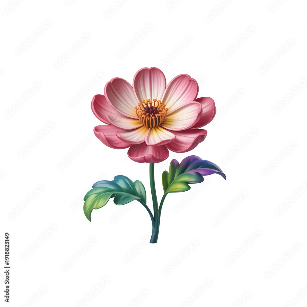 Obraz premium Pink flower with green and purple leaves on black background artistic digital illustration