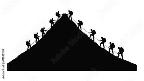 Silhouettes of people climbing a mountain in the dark isolated on white background, Vector